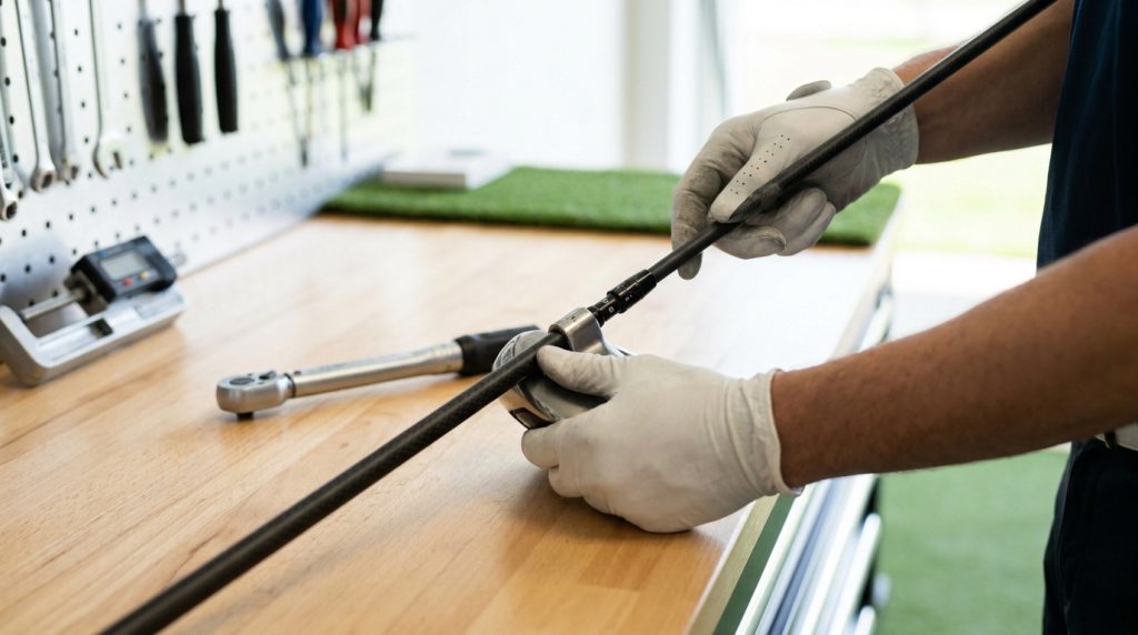 Un technicien portant des gants blancs ajuste ou coupe un shaft de club de golf sur un établi dans un atelier.