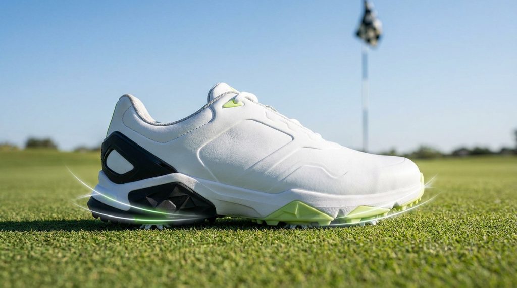 Chaussure de golf Nike Infinity Tour blanche sur un green, avec un drapeau flou en arrière-plan.