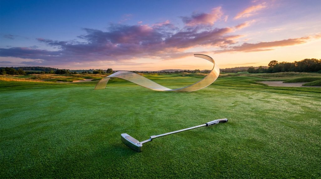 Un putter posé sur un green verdoyant avec une sculpture abstraite en arrière-plan sous un coucher de soleil.