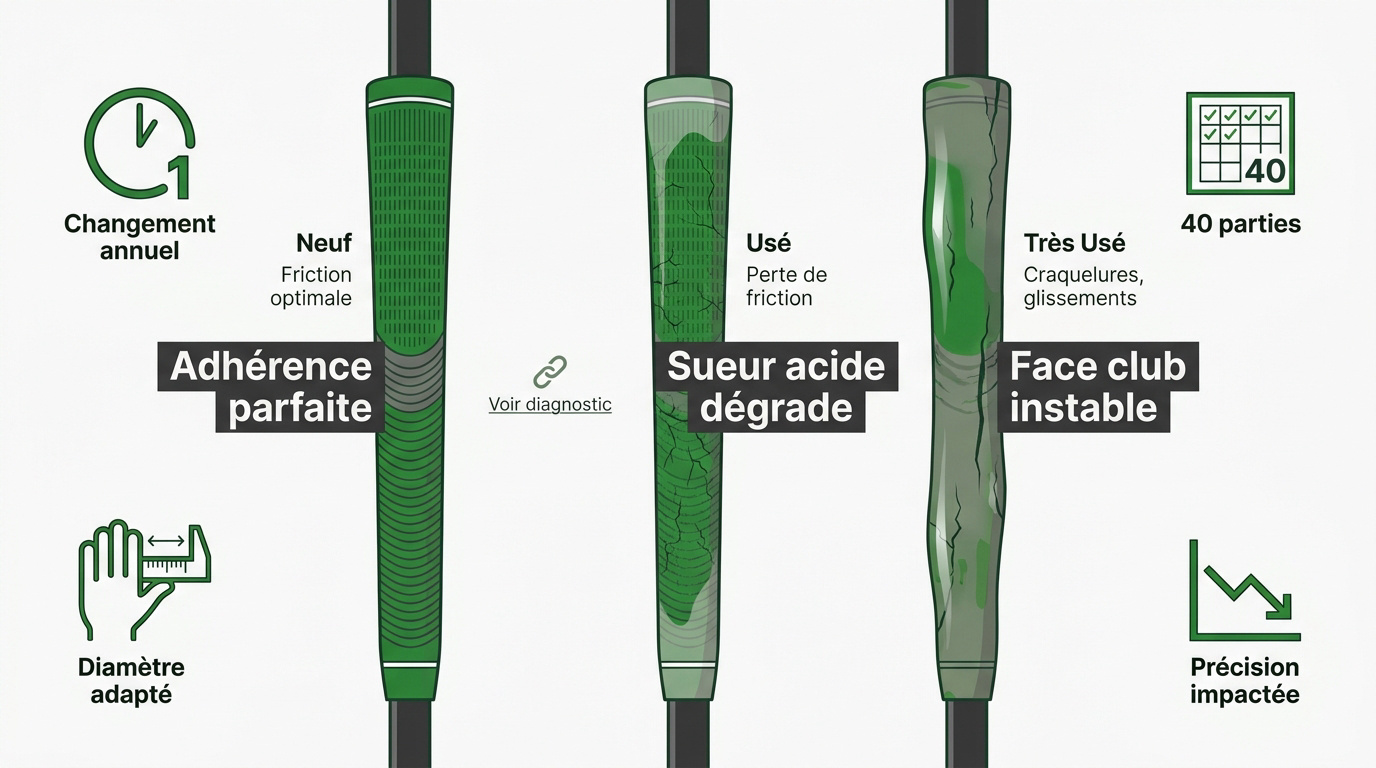 Comparaison entre un grip de golf neuf, usé et très usé présentant des craquelures