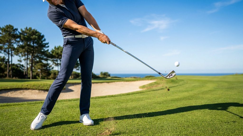Golfeur effectuant un swing puissant avec un fer sur un parcours de golf ensoleillé près de la mer.