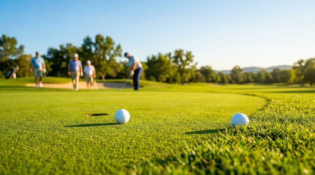 Deux balles de golf sur un green avec des golfeurs en arrière-plan flou sur un terrain ensoleillé.