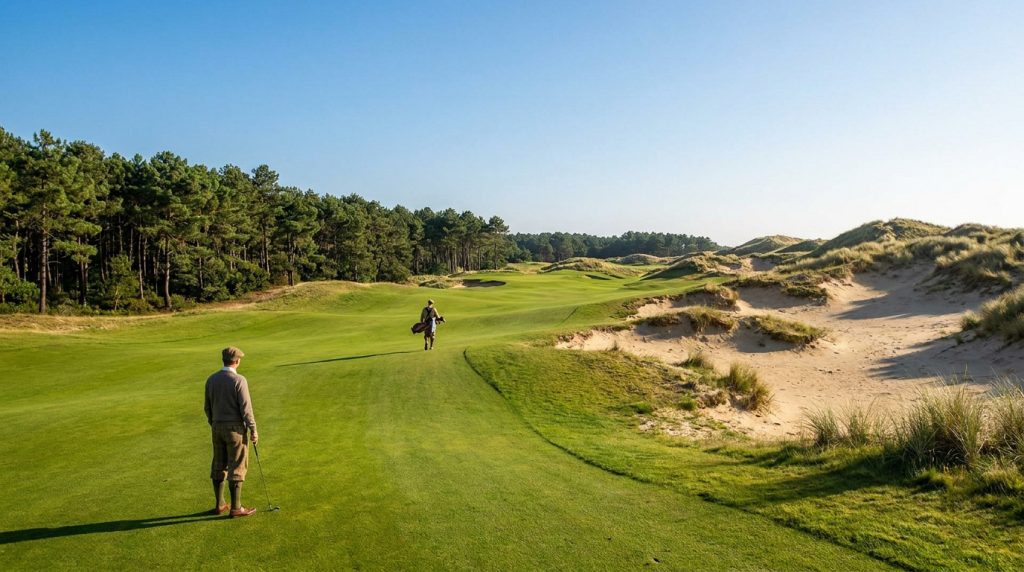 Joueurs de golf en tenue classique sur le parcours boisé et vallonné du golf d'Hardelot Les Pins sous un ciel bleu.