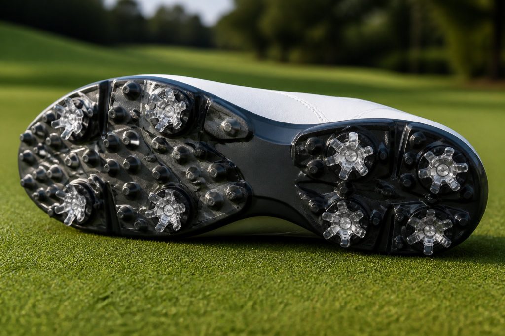Semelle d'une chaussure de golf Nike Infinity Tour posée sur un green avec des crampons visibles.