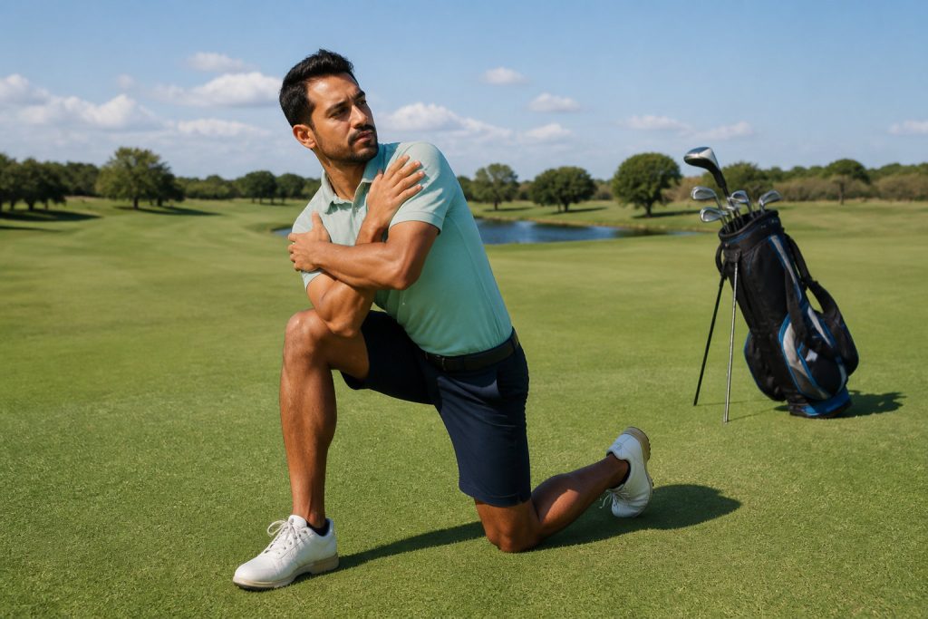 Golfeur effectuant des étirements en fente sur un parcours de golf.