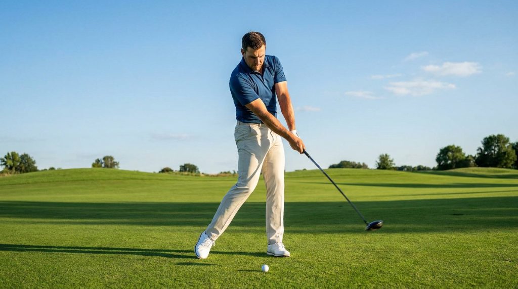 Un golfeur effectue un swing avec un driver sur un parcours verdoyant sous un ciel bleu dégagé.