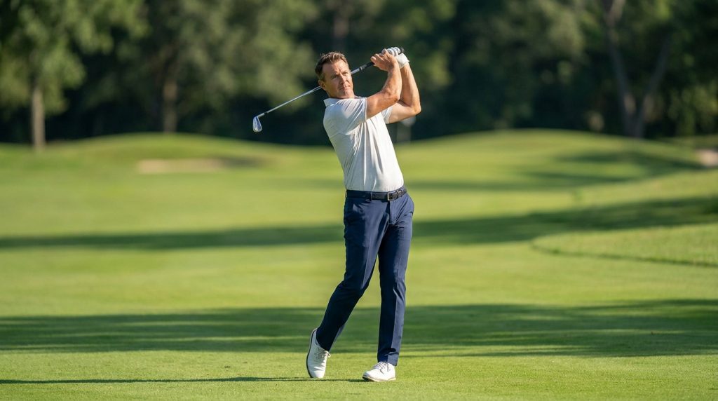 Un golfeur effectue un swing complet sur un terrain de golf verdoyant par une journée ensoleillée.