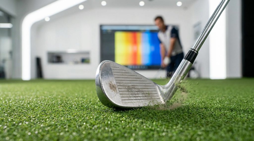 Gros plan sur une tête de fer de golf frappant le gazon synthétique lors d'une séance de fitting Ping.