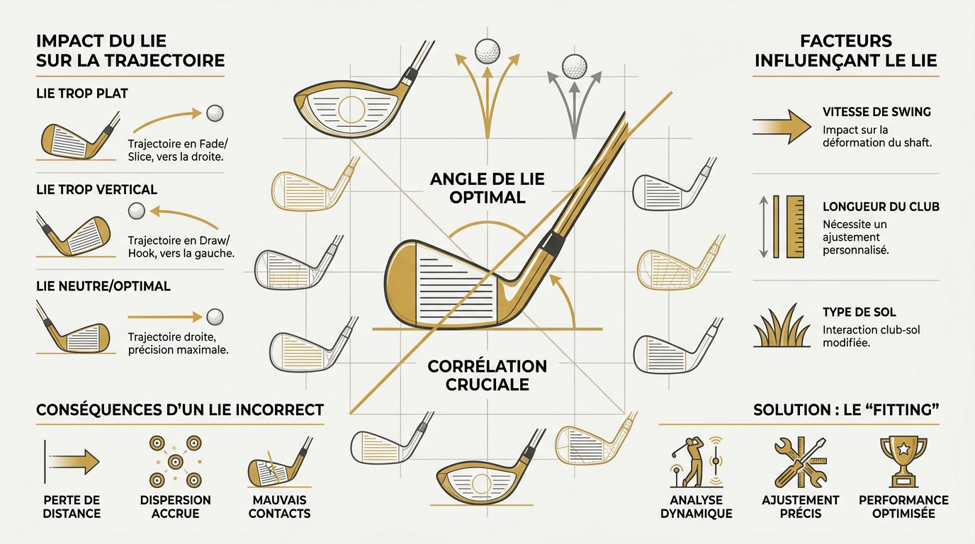 Infographie expliquant l'impact de l'angle de lie sur la direction de la balle de golf