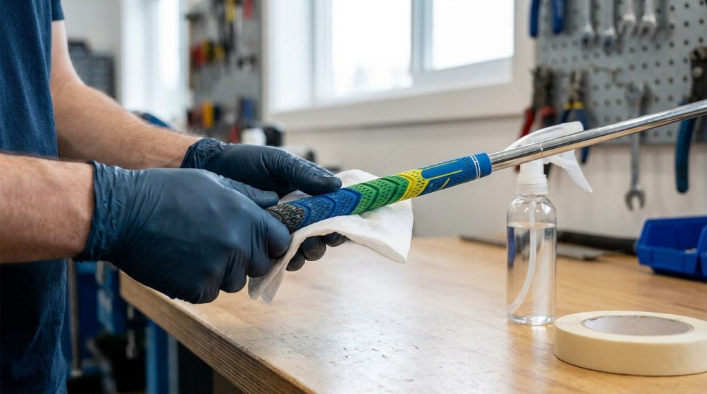 Un technicien portant des gants nettoie un nouveau grip de golf coloré avec un chiffon dans un atelier.