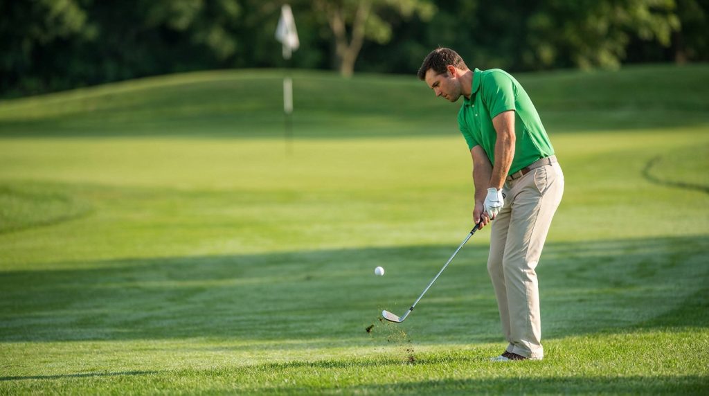 Un golfeur en polo vert effectue un coup d'approche précis près du green.