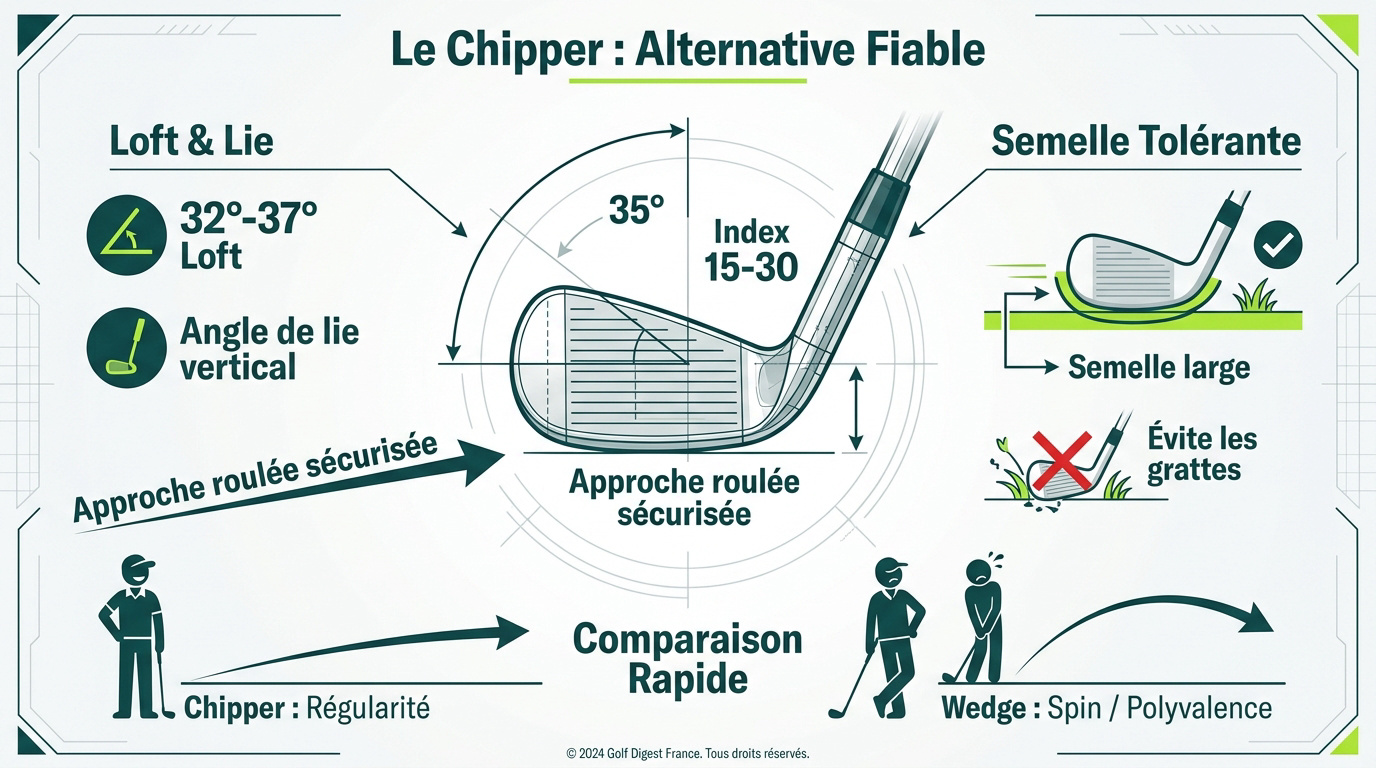 Chipper de golf posé près du green pour une approche roulée