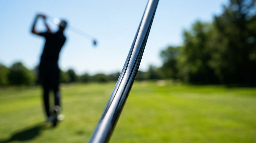 Gros plan sur un shaft de club de golf avec un golfeur en arrière-plan flou sur un parcours.