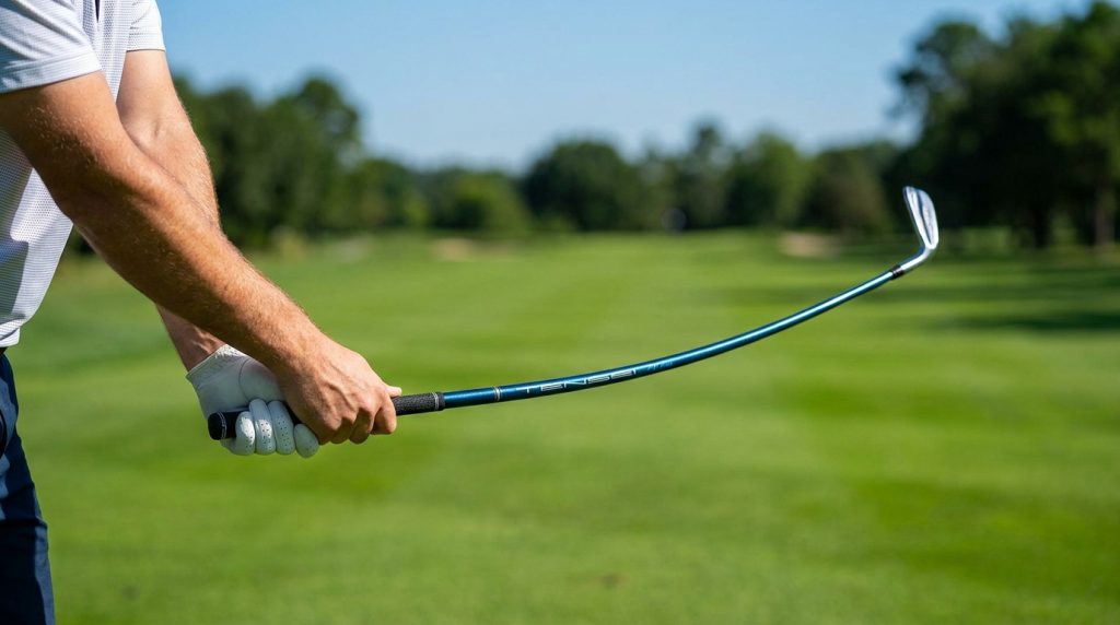 Un golfeur tient un club dont le shaft Mitsubishi Tensei AV Blue se courbe nettement lors du mouvement.