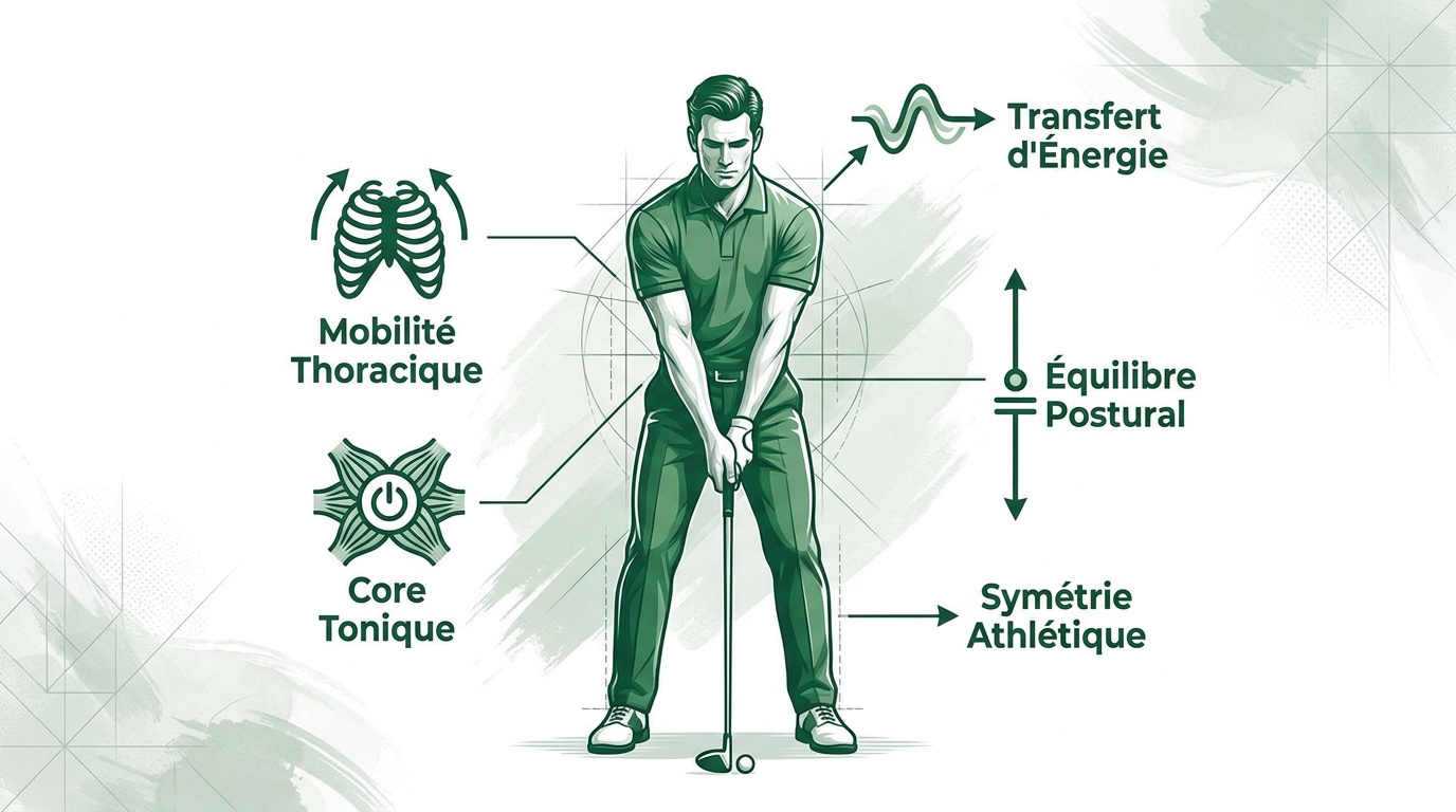Analyse de la posture athlétique et de la mobilité thoracique pour le swing de golf inspirée par Steve Reeves
