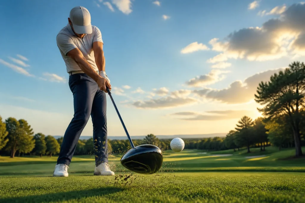 Frappe de golf puissante au coucher du soleil