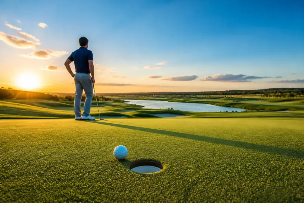Victoire dun golfeur au coucher du soleil