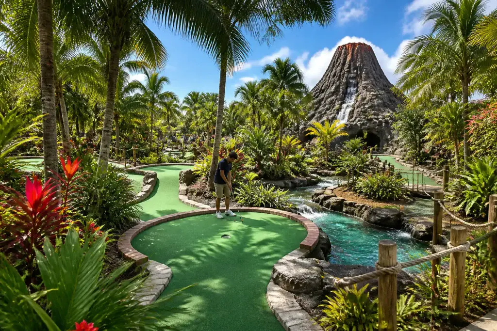 Parcours de mini golf tropical avec volcan