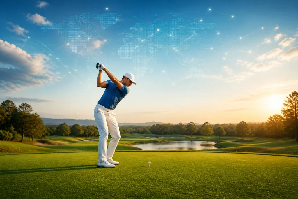Golfeur professionnel en plein swing au coucher du soleil