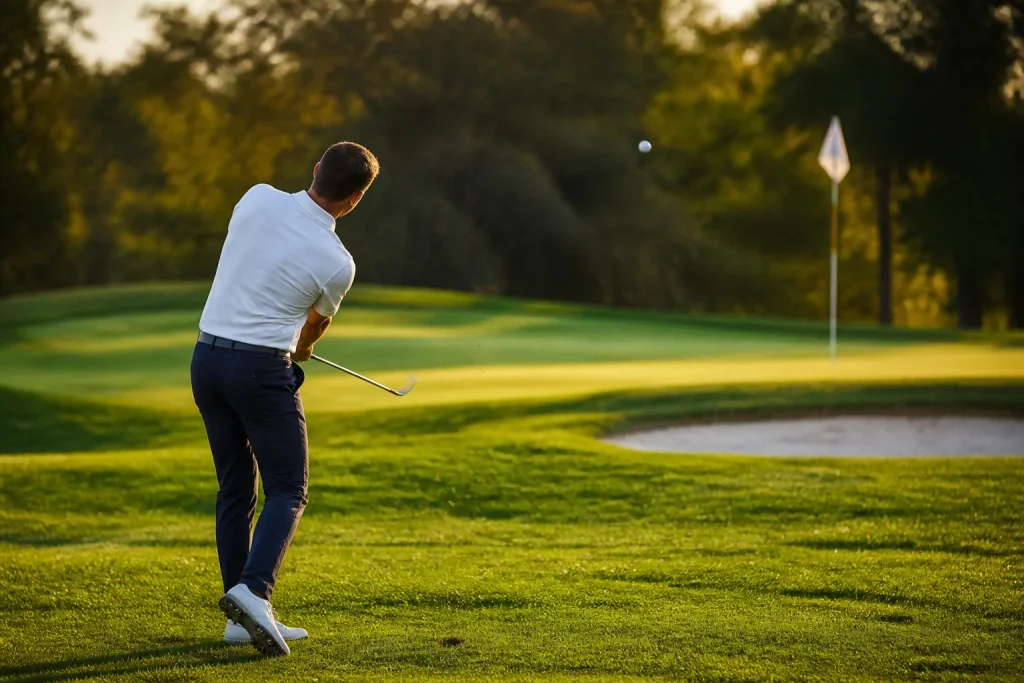 Golfeur en plein elan balle en vol