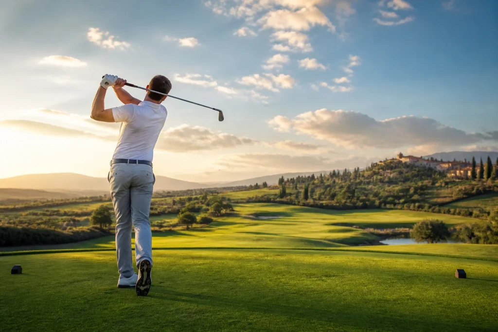 Joueur de golf en plein swing au coucher du soleil