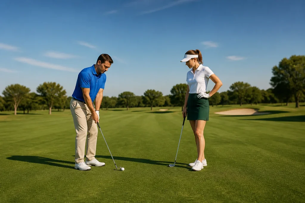 Joueurs de golf sur un parcours ensoleille