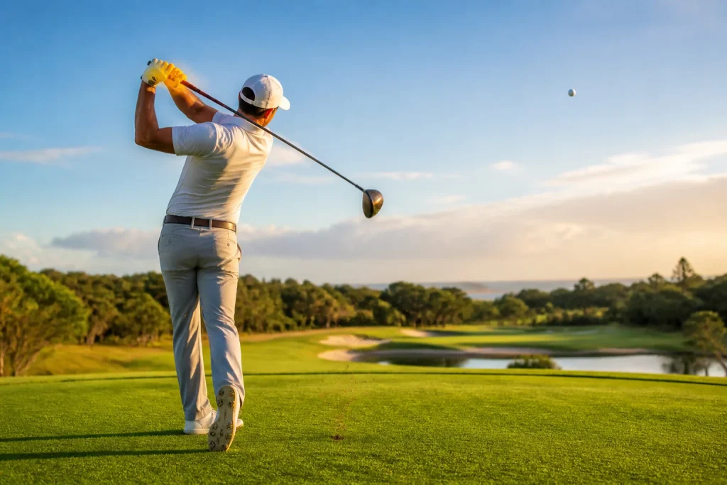 Golfeur en pleine action au coucher du soleil