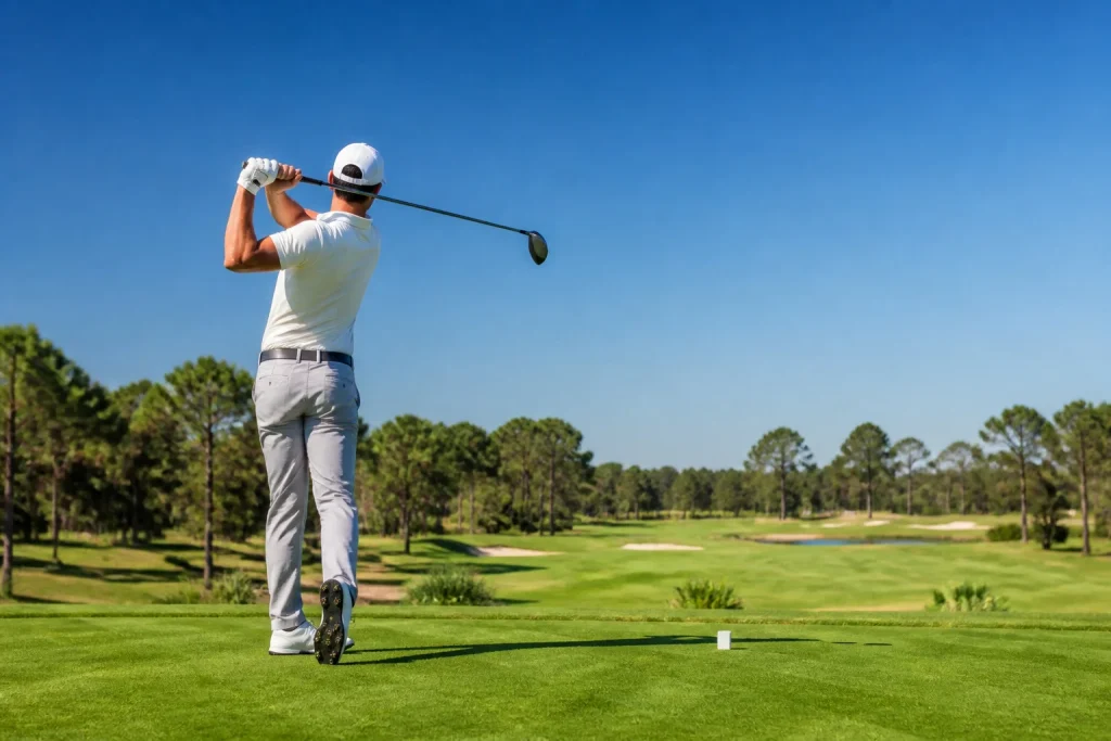 Joueur de golf en action sur un parcours verdoyant