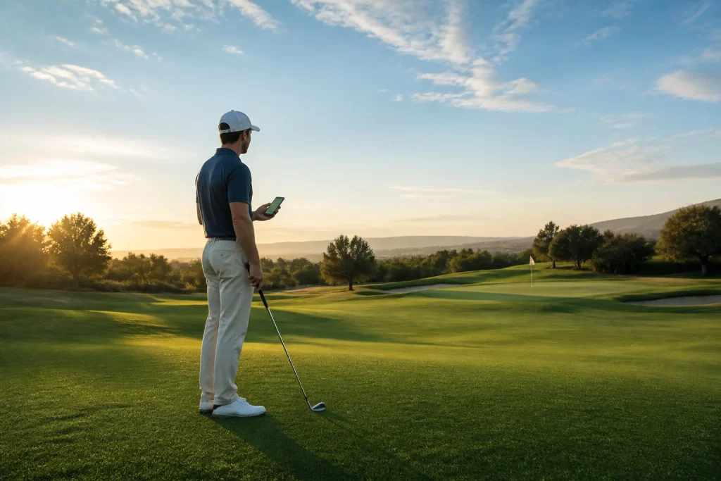 Golfeur pensif au coucher du soleil