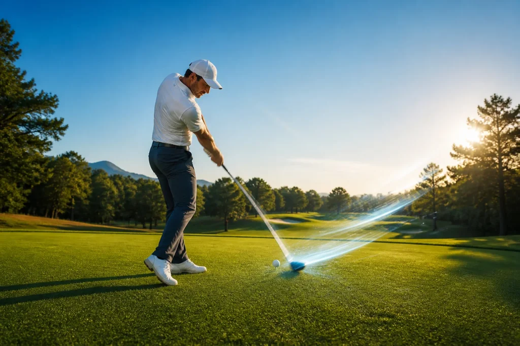 Swing de golf athletique au coucher du soleil