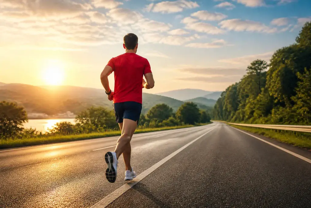 Coureur en plein effort au lever du soleil
