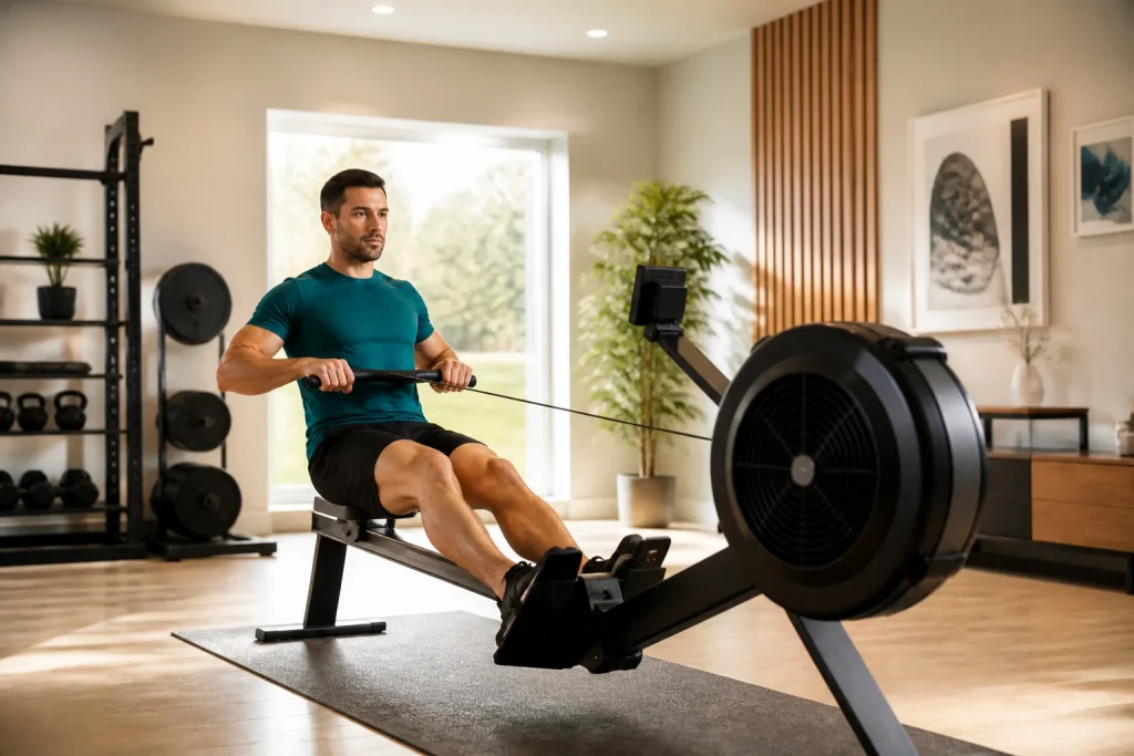 Homme en plein effort sur rameur