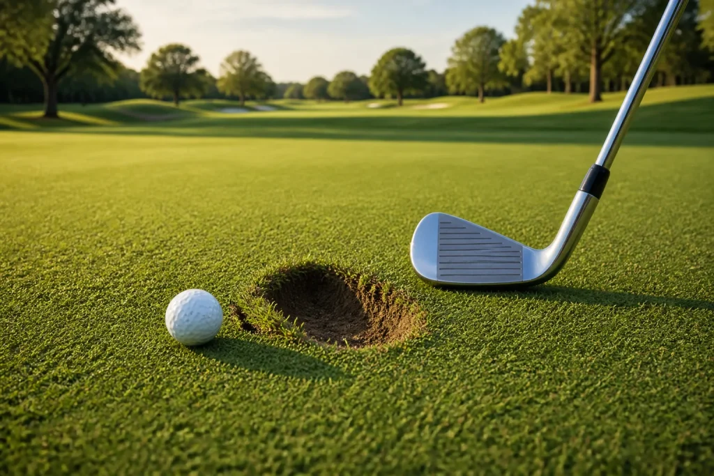 Divot de golf balle et club sur un fairway