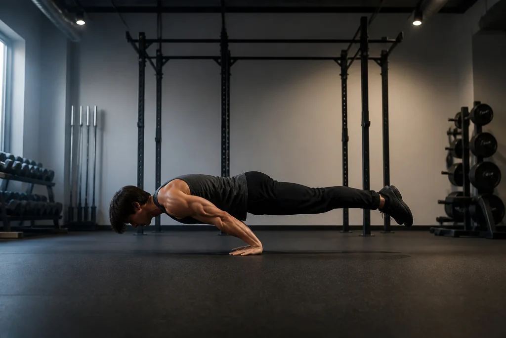 Homme en tenue de sport executant une pompe pseudo planche