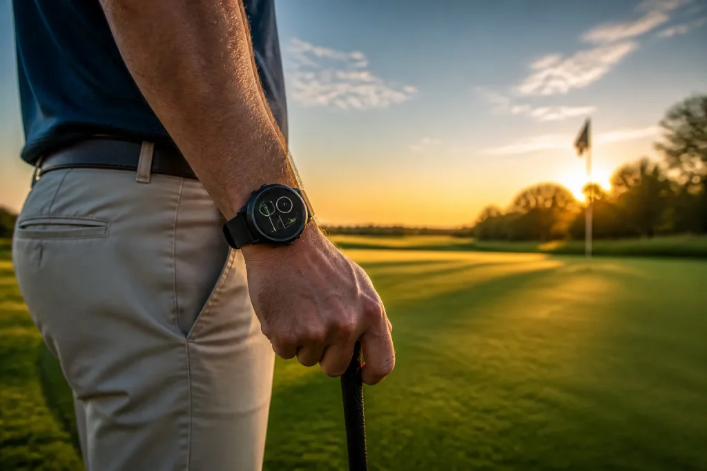 Montre connectee de golf au coucher du soleil