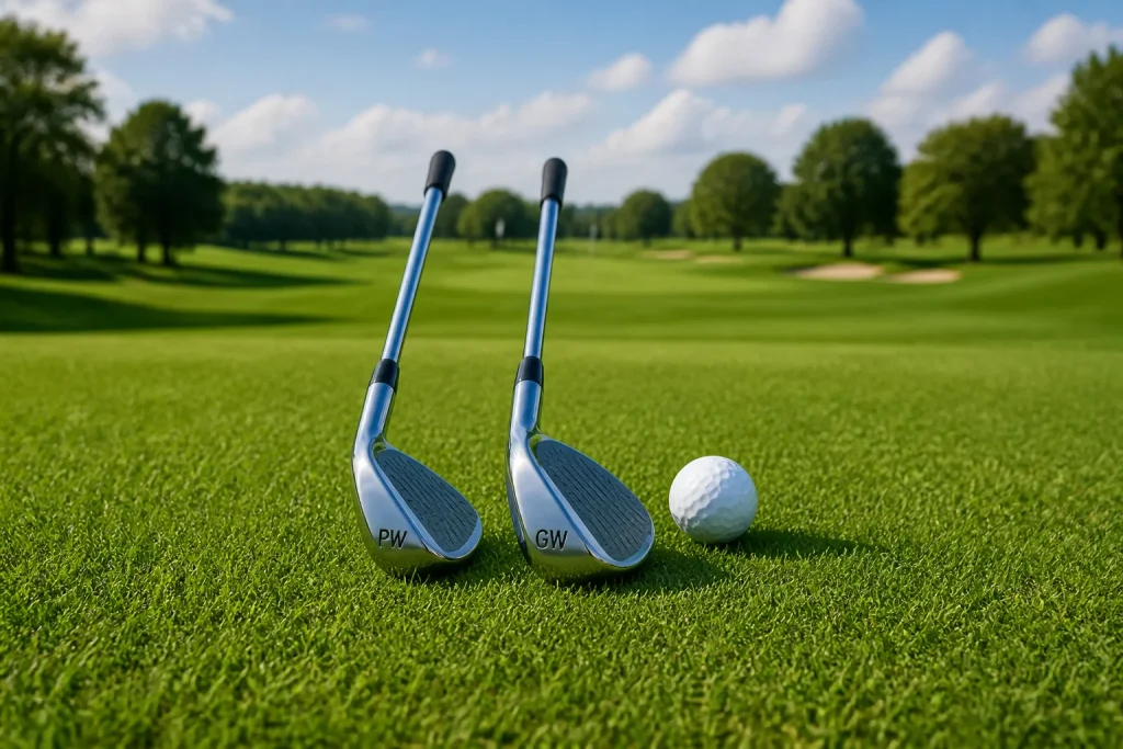 Clubs de golf pw et gw sur un green