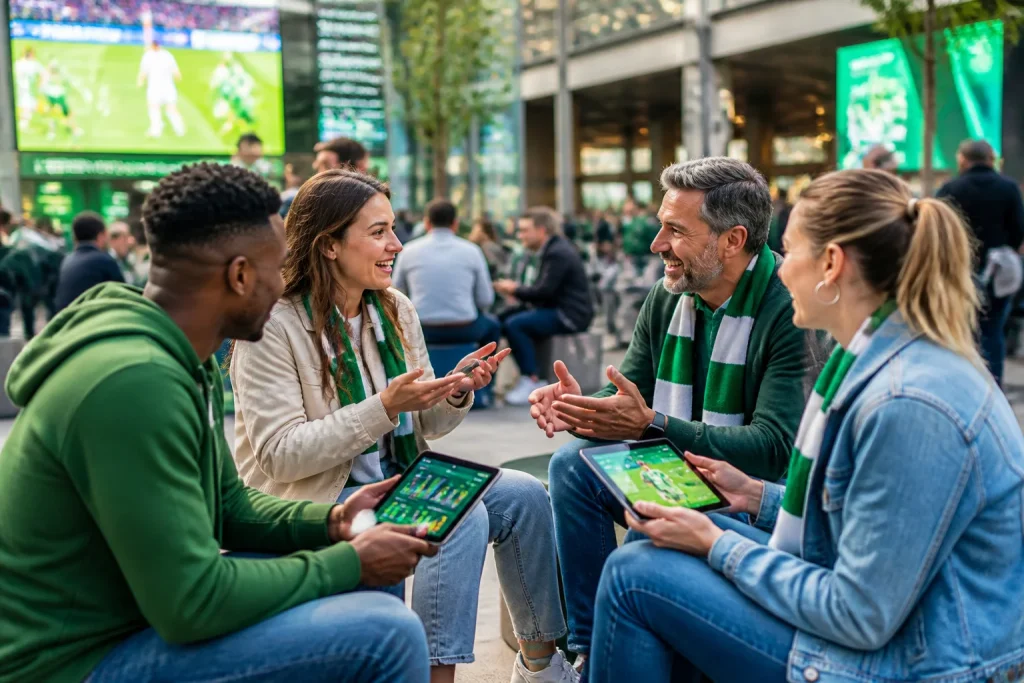 Fans connect via tech in a modern square