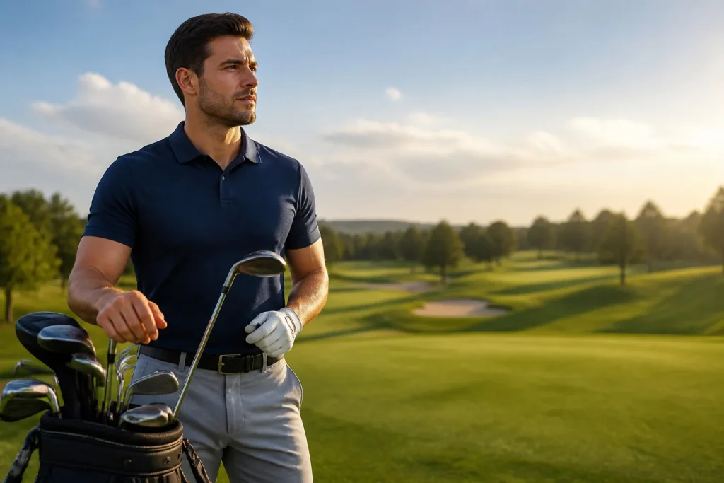 Golfeur concentre au coucher du soleil