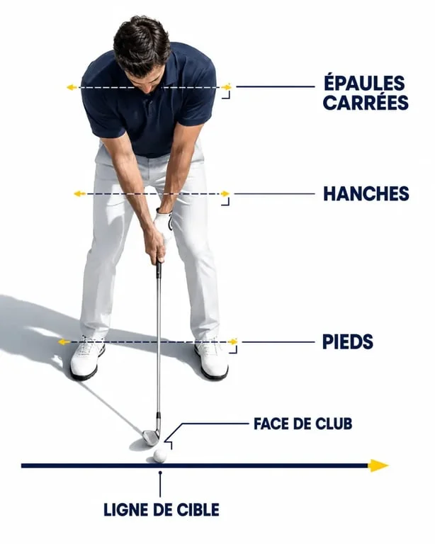 alignement épaules golf : golfeur à l'adresse avec épaules carrées, pieds et cible alignés