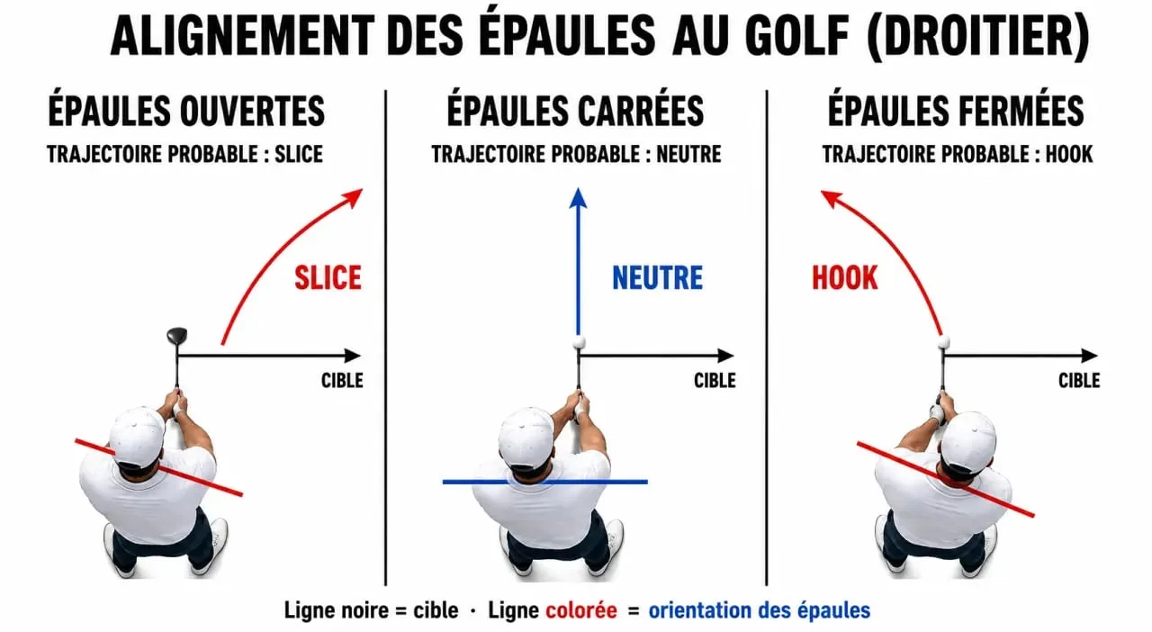alignement épaules golf : comparaison épaules ouvertes, carrées et fermées et effets sur la trajectoire