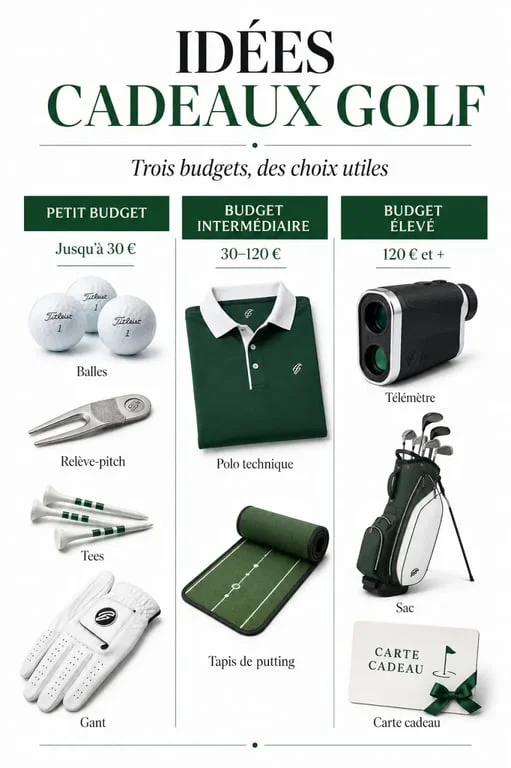 Idée cadeaux golf : visuel comparant les cadeaux par budget pour choisir le bon présent