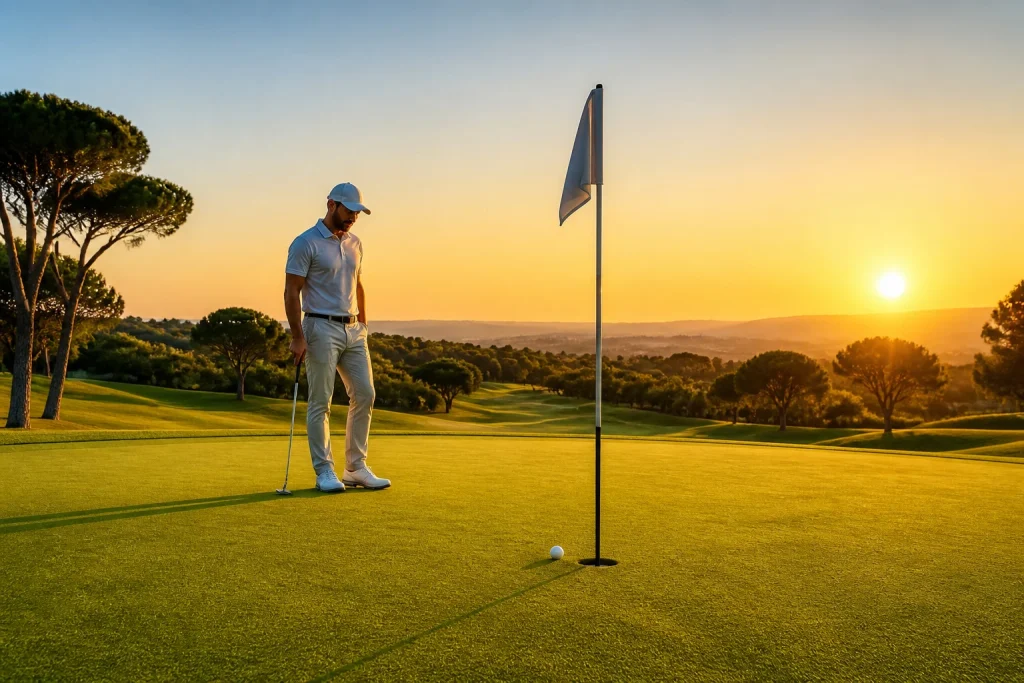 Golfeur au coucher du soleil